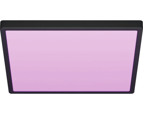 Vierkant LED-paneel met zwart frame en violet lichtoppervlak voor plafond- of wandmontage.