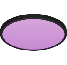 Ronde, ultra-platte LED plafondlamp met zwart frame en paars verlicht oppervlak.