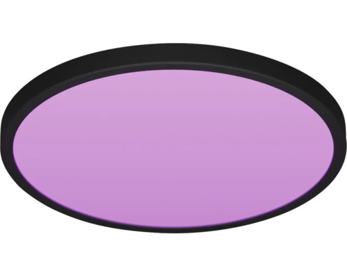 Ronde, ultra-platte LED plafondlamp met zwart frame en paars verlicht oppervlak.