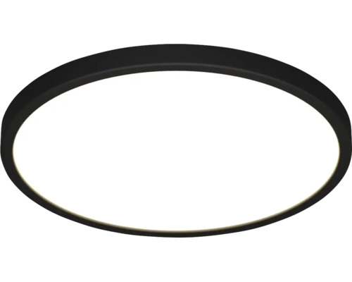 Ronde LED-plafondlamp met zwart frame en wit lichtoppervlak.