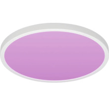 Ronde LED-plafondlamp met paars verlicht vlak en wit frame.