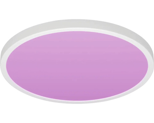 Ronde LED-plafondlamp met paars verlicht vlak en wit frame.
