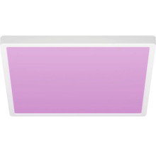 Vierkant LED-paneel met paars licht en wit frame.