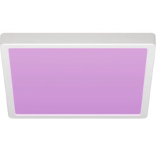 Vierkant LED-paneel met wit frame en paars licht.
