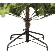 Detailweergave van een metalen standaard voor een kunstkerstboom met vier poten en een scharniermechanisme voor de takken aan de stam.