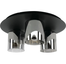Plafondlamp met drie lichtpunten, een zwarte ronde basis en cilindrische kappen van rookglas.
