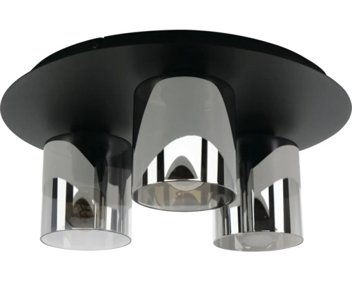 Plafondlamp met drie lichtpunten, een zwarte ronde basis en cilindrische kappen van rookglas.