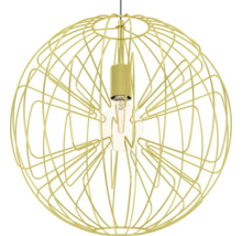 Bolvormige hanglamp van goudkleurig metaaldraad met zichtbare lichtbron.