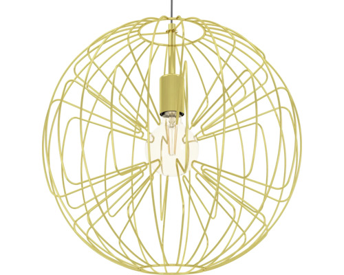 Bolvormige hanglamp van goudkleurig metaaldraad met zichtbare lichtbron.