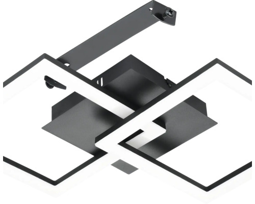 Moderne LED-plafondlamp met twee in elkaar grijpende vierkante metalen elementen in het zwart.