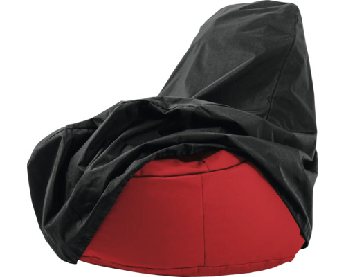 Rode zitzak met een zwarte beschermhoes van weerbestendig materiaal.