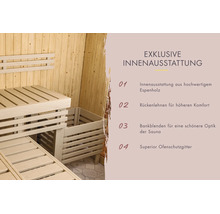 Sauna-interieur van espenhout met houten banken, rugleuning, bankafwerking en kachelbeschermrooster.