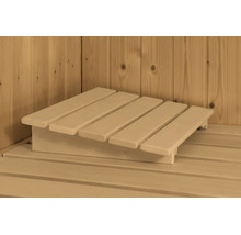 Ergonomische houten sauna hoofdsteun met vijf latten op een saunabank.
