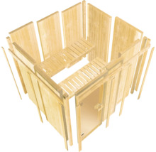Explosietekening van een modulaire houten binnensauna met wandpanelen, twee saunabanken en een glazen deur.