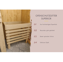 Kachelbeschermrek Superior van espenhout voor saunakachels met productinformatie over materiaal en bescherming.