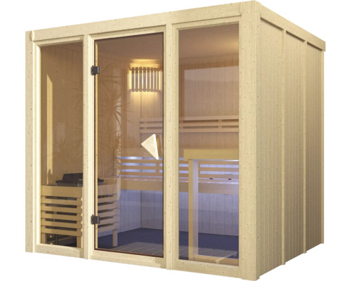 Moderne thuissauna van licht hout met een groot glazen front, glazen deur, saunakachel, houten banken en verlichting.