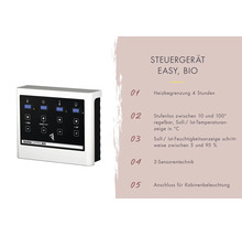 Saunabediening Easy Bio met functies zoals verwarmingstijdlimiet, temperatuur- en vochtigheidsregeling en cabineverlichting.