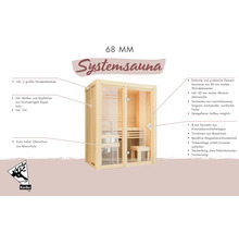 Infographics voor een Karibu 68 millimeter systeem sauna met details over wanddikte, ramen, espenhouten interieur en glazen deur.