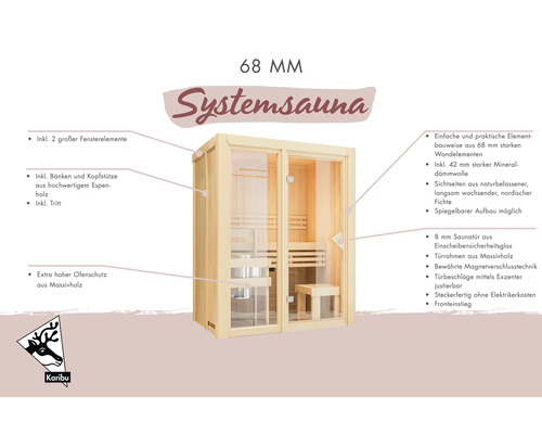 Infographics voor een Karibu 68 millimeter systeem sauna met details over wanddikte, ramen, espenhouten interieur en glazen deur.