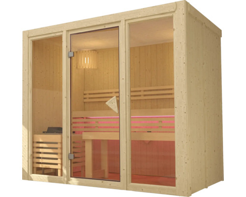 Moderne binnensauna van licht hout met een groot glazen front, houten banken, een saunakachel en sfeervolle led-verlichting.