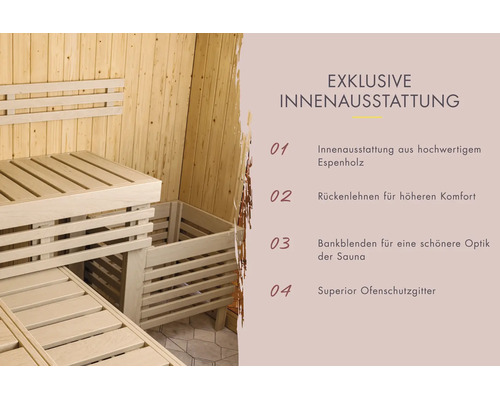 Sauna-interieur van espenhout met houten banken, rugleuning en kachelrooster, plus een overzicht van de kenmerken.