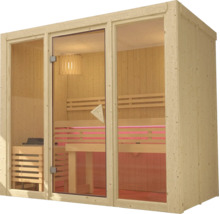 Binnensauna van massief hout met een grote glazen voorzijde, houten banken, saunakachel en sfeervolle LED-verlichting.