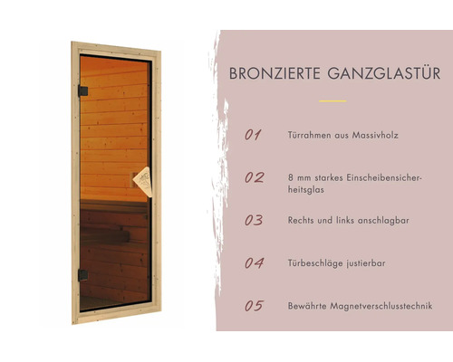 Glazen saunadeur met massief houten kozijn en een lijst met productkenmerken zoals gehard veiligheidsglas och magneetsluiting.