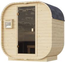 Houten tonsauna voor in de tuin met glazen deur en dakshingles