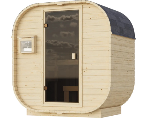 Houten tonsauna voor in de tuin met glazen deur en dakshingles