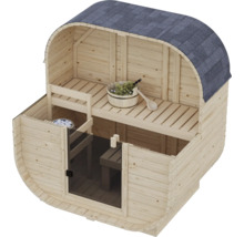 Houten tonsauna met afgerond dak, geïntegreerde saunakachel, saunabank en glazen voorzijde.
