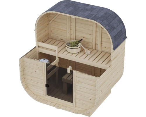 Houten tonsauna met afgerond dak, geïntegreerde saunakachel, saunabank en glazen voorzijde.