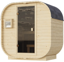 Houten ton sauna met glazen deur en bitumen dakshingles voor buiten