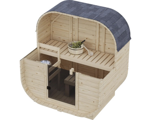 Houten ton sauna met dakbedekking, geïntegreerde bank, saunabak en glazen deurpaneel.