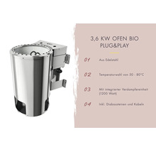 Roestvrijstalen saunaoven Bio Plug and Play met 3,6 kilowatt vermogen, geïntegreerde 1200 watt verdamper, inclusief diabasstenen en kabels.