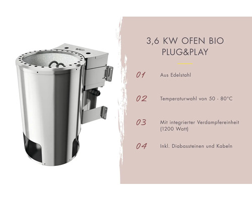 Roestvrijstalen saunaoven Bio Plug and Play met 3,6 kilowatt vermogen, geïntegreerde 1200 watt verdamper, inclusief diabasstenen en kabels.