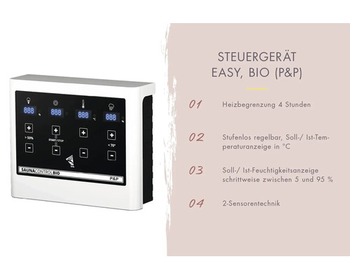 Saunabedieningspaneel Easy Bio voor saunakachels met digitaal display, verwarmingsbegrenzing, traploze temperatuurregeling en twee sensoren.