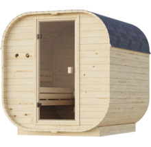 Houten tonsauna voor in de tuin met een glazen deur en een afgerond dak met bitumen dakshingles