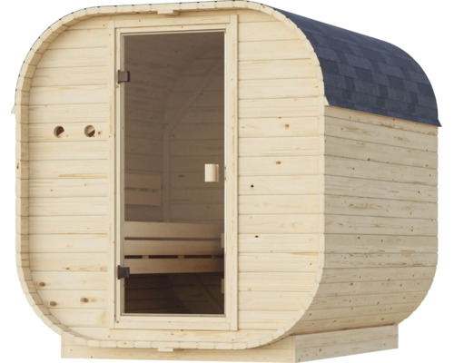 Houten tonsauna voor in de tuin met een glazen deur en een afgerond dak met bitumen dakshingles