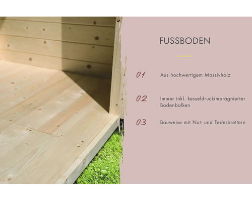 Infographic over de massief houten vloer van een tuinhuis met mes en groef planken en keteldruk geïmpregneerde vloerbalken.