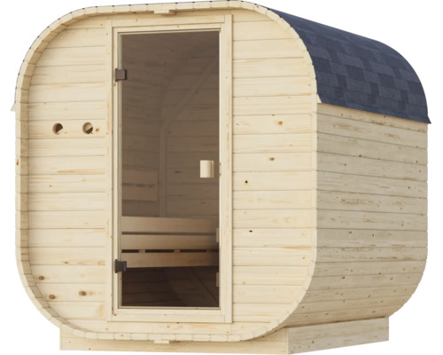 Houten tonvormige sauna met glazen deur en dakshingles voor buitengebruik