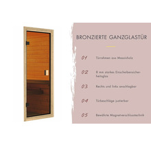 Geglazuurde sauna glazen deur met massief houten frame, 8 millimeter gehard veiligheidsglas, verstelbare scharnieren en magneetsluiting.
