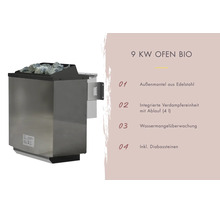 Bio saunaoven met 9 kilowatt vermogen, roestvrijstalen buitenmantel, geïntegreerde verdamperunit, watertekortbewaking en diabaasstenen.