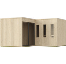 Modern houten tuinhuis met verticale planken, schuifdeur en drie smalle ramen voor buiten.