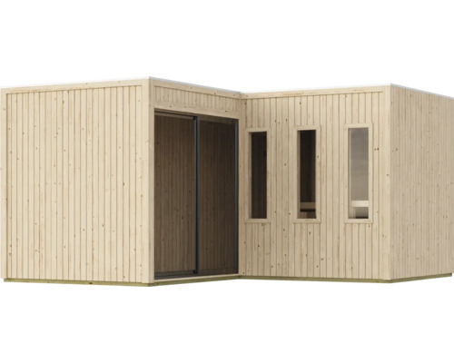 Modern houten tuinhuis met verticale planken, schuifdeur en drie smalle ramen voor buiten.