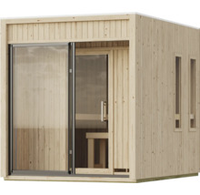 Moderne thuissauna van massief hout met grote glazen pui en schuifdeur en twee zijramen.