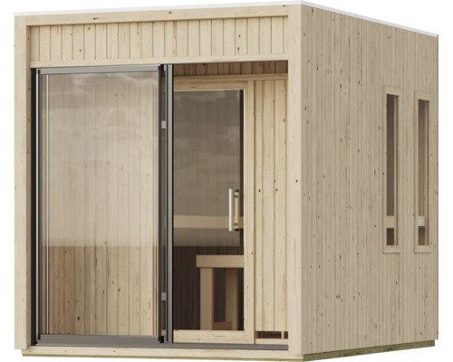 Moderne thuissauna van massief hout met grote glazen pui en schuifdeur en twee zijramen.