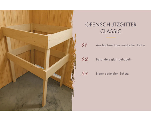 Sauna ovenbeschermingsrooster Classic gemaakt van noordelijk vurenhout met een glad oppervlak voor optimale bescherming bij de saunakachel.