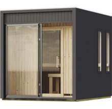 Moderne tuinsauna met houten binnenwanden en glazen pui voor buitengebruik