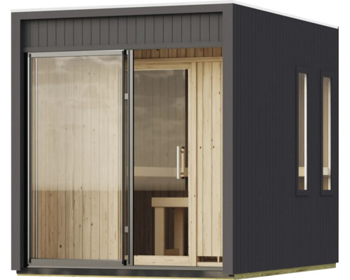 Moderne tuinsauna met houten binnenwanden en glazen pui voor buitengebruik