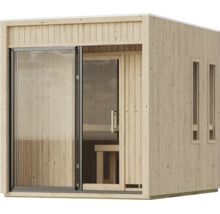 Moderne houten tuinsauna met kamerhoge glaselementen en twee smalle zijramen.